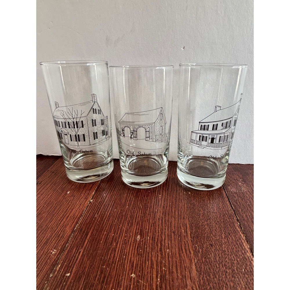 Vintage Old Salem NC Souvenir Highball Glasses Set of 3 Historic Buildings Clear